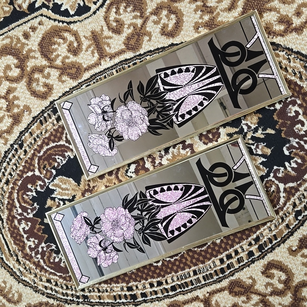 Lot Bundle Of 2 Pastel Pink Floral Mirrors Retro Home Decor 80s 90s Vintage 1980